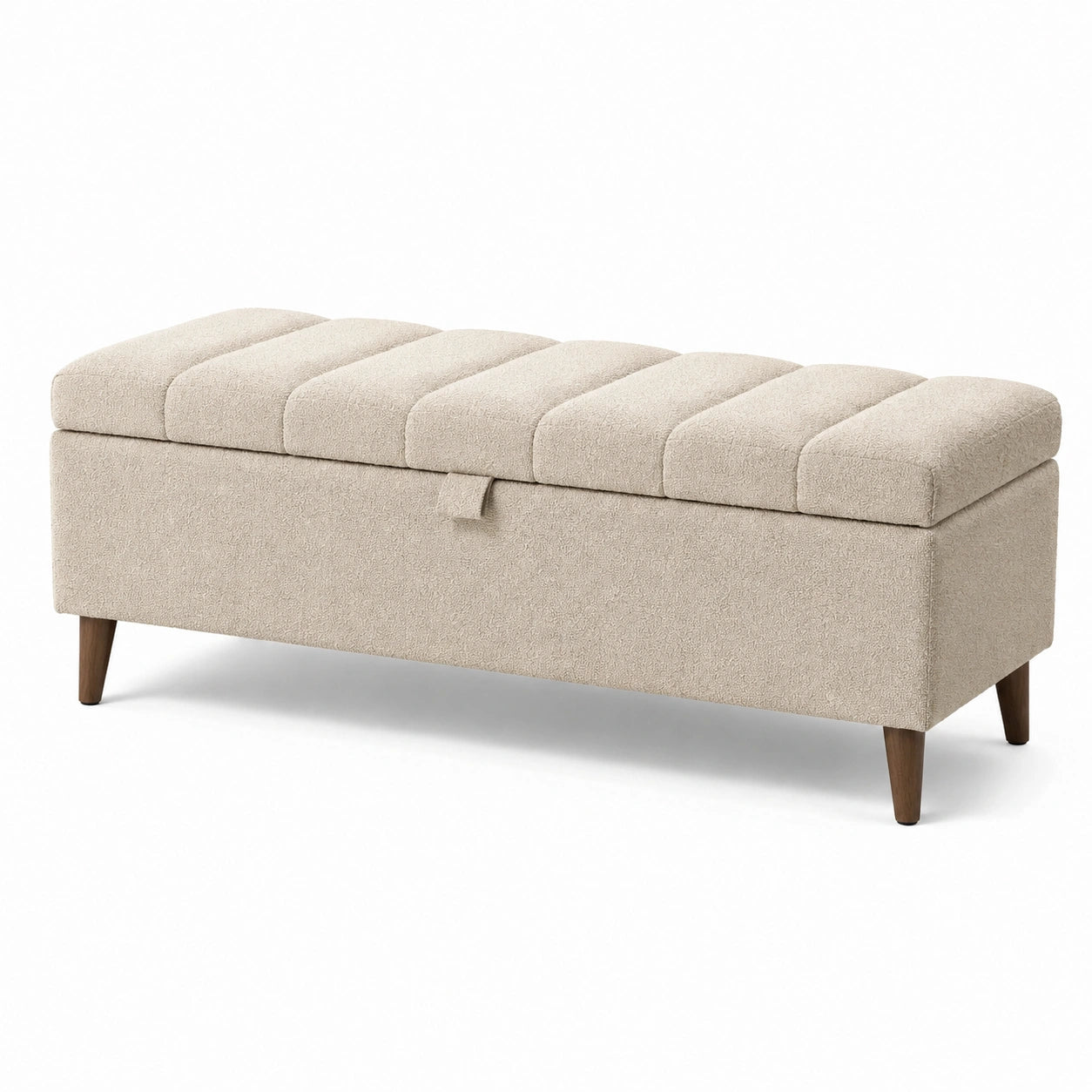 Beige Aufbewahrungsbank aus Polyester mit Holzbeinen 120x40x45 cm