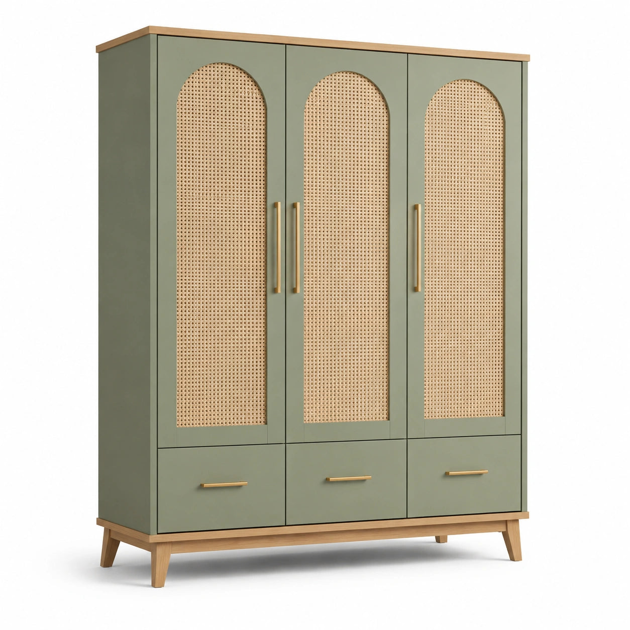 Kleiderschrank mit Rattantüren und Holzrahmen Grün 200x150x60cm