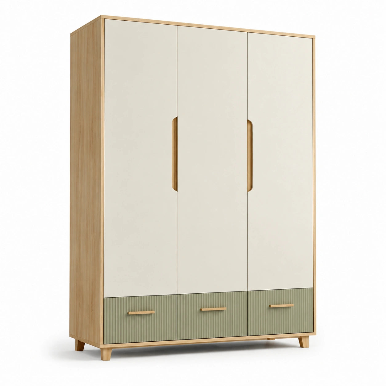 Kleiderschrank Holz MDF Grün/Beige 3 Türen 3 Schubladen 200cm x 120cm x 50cm