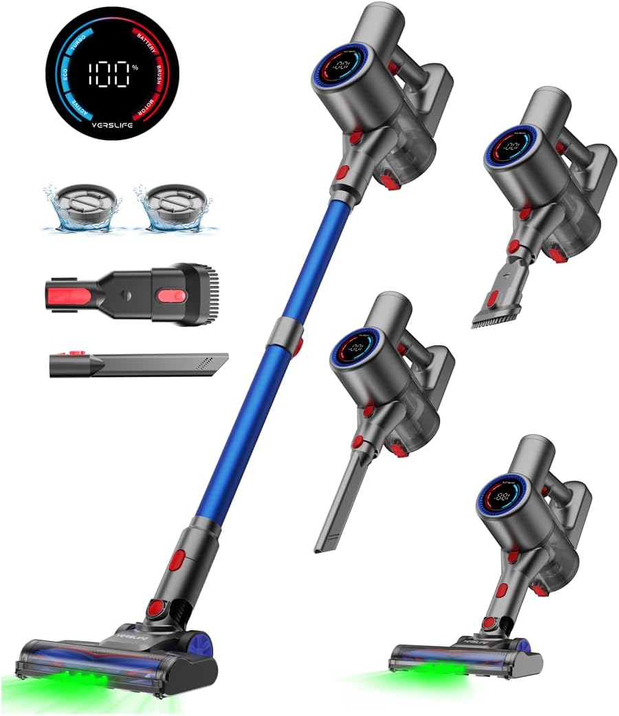 VersLife Steelstofzuiger Z8 Accustofzuiger, 500 W/45 min/40 kPa accustofzuiger, met groen licht, draadloos, met smart led-display, zelfstaand