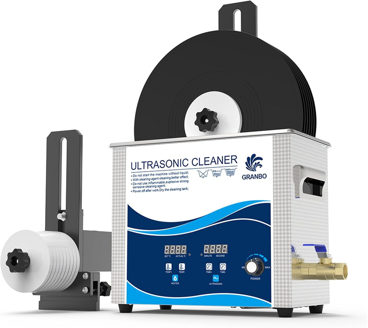 Comaam Ultrasone reiniger Lp Bad 6.5L 180W Vermogen Verstelbaar, met Legering Beugel Motor 6-7RPM Vinyl Records CD Disc