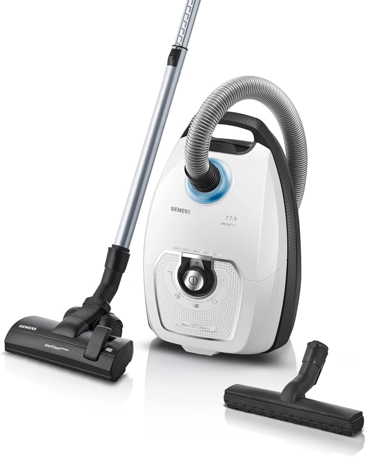 Siemens Stofzuiger Z 7.0 Family VSZ7442S Vloerstofzuiger, 650 Watt, Wit, met Zak, Zeer Laag Stroomverbruik, XXL, Meubelzuigmond, Lange Kabel