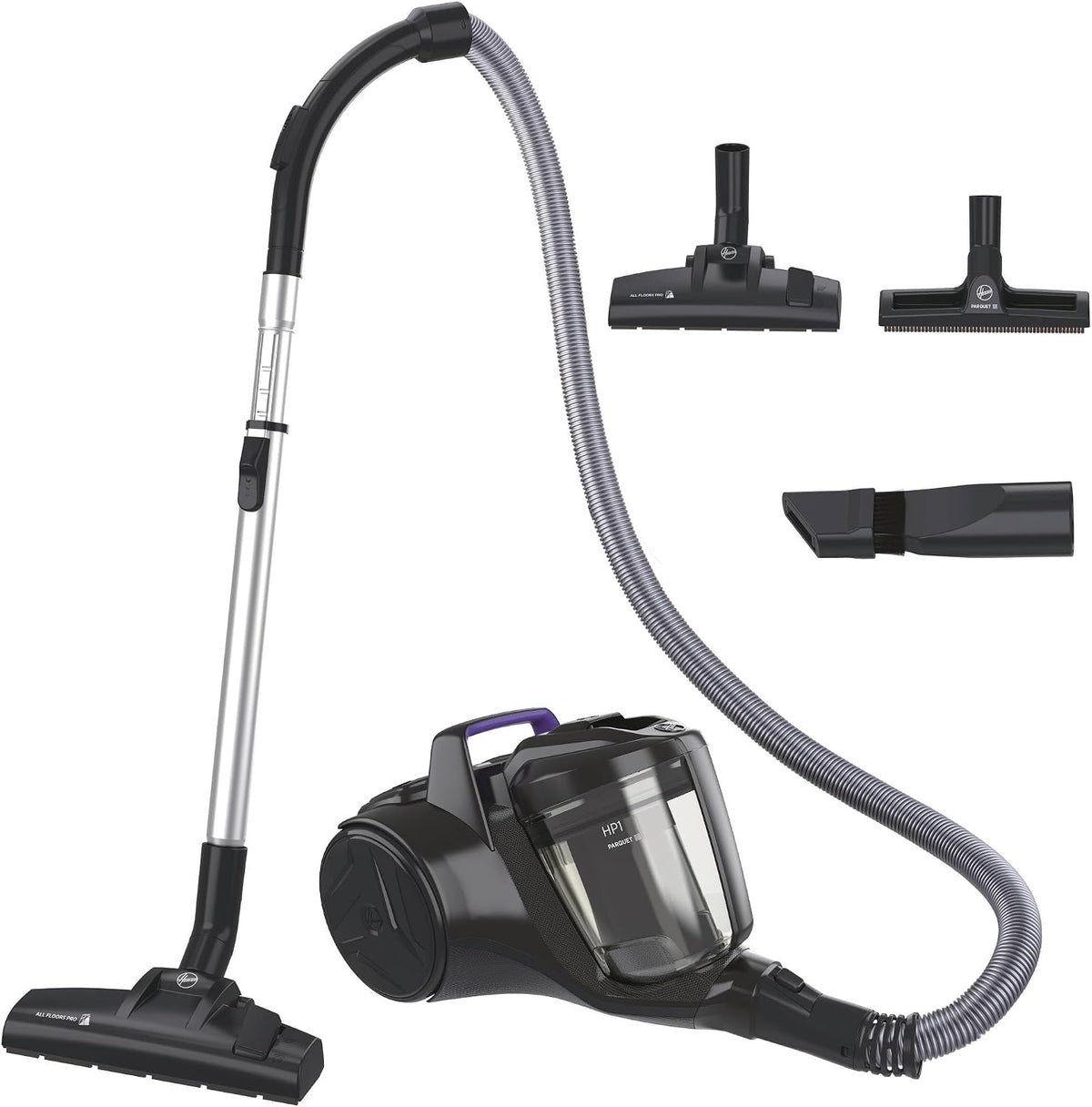 Hoover Stofzuiger HPZ107HM, grote 2L-reservoir, 7,5 m werkstraal, zonder zak, krachtige stofzuiger, voor harde vloeren en tapijten, EPA-stoffilter