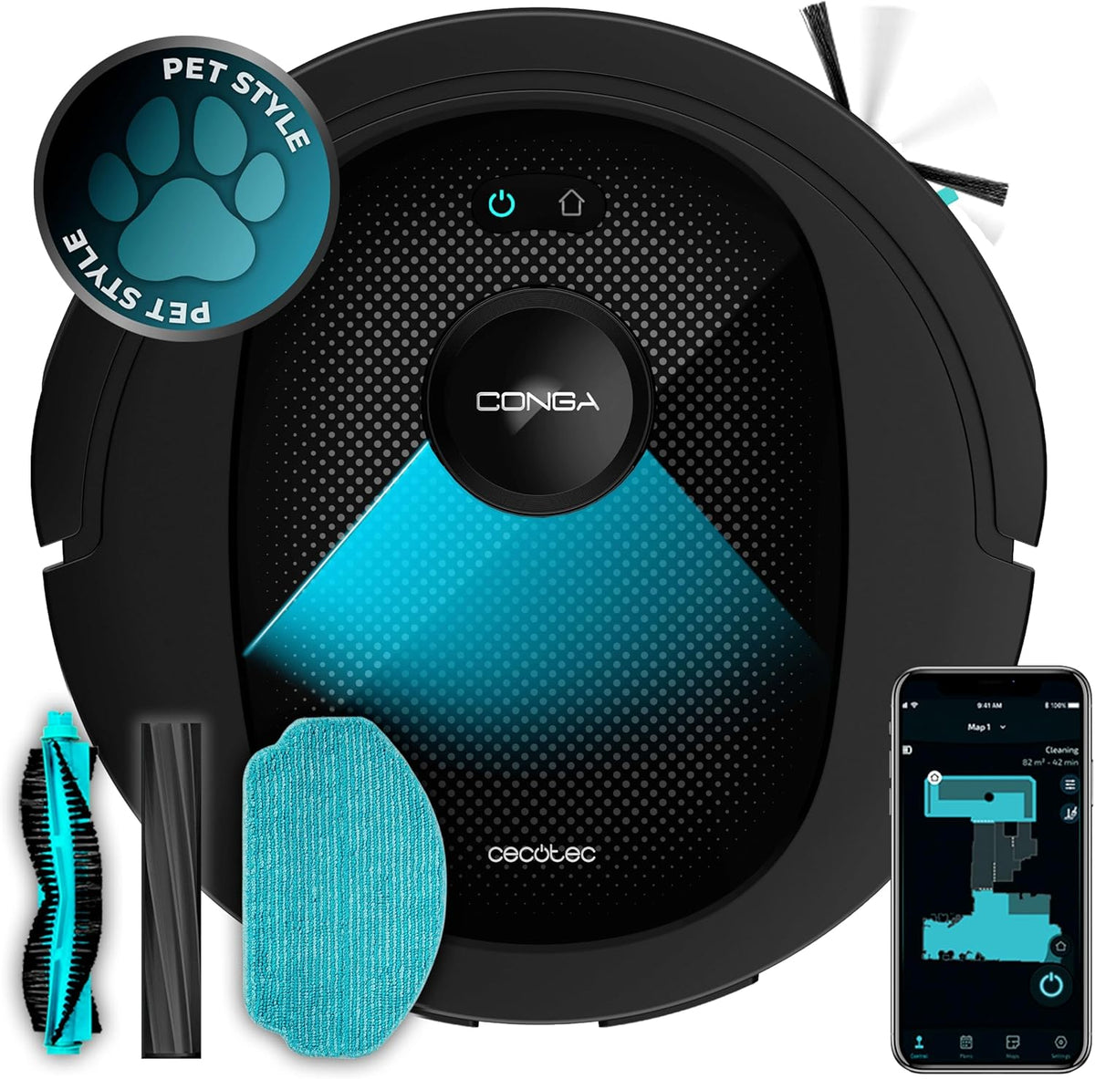 Cecotec Robotstofzuiger Conga 8490 Ultimate Ultra Power, 7000 Pa, 4-in-1 app, tot 170 minuten looptijd, lasernavigatie, vegen, zuigen, wassen en vegen