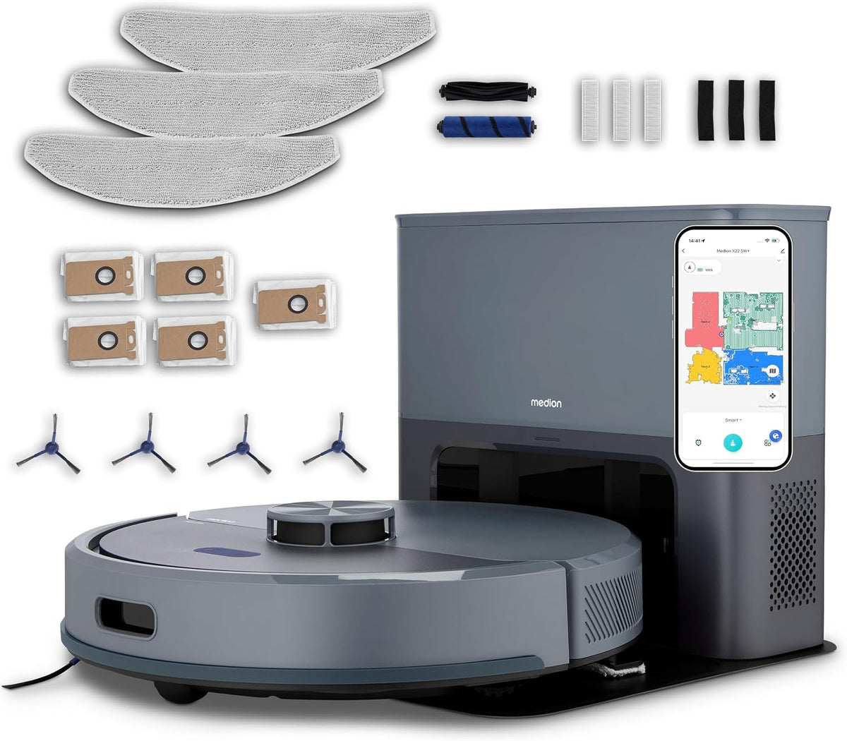 Robotstofzuiger Medion, sterke 5000 Pa zuigkracht, met afzuigstation en dweilfunctie X23 SW+ (lasernavigatie, 2-in-1 robotstofzuiger, Go & No Go-zones