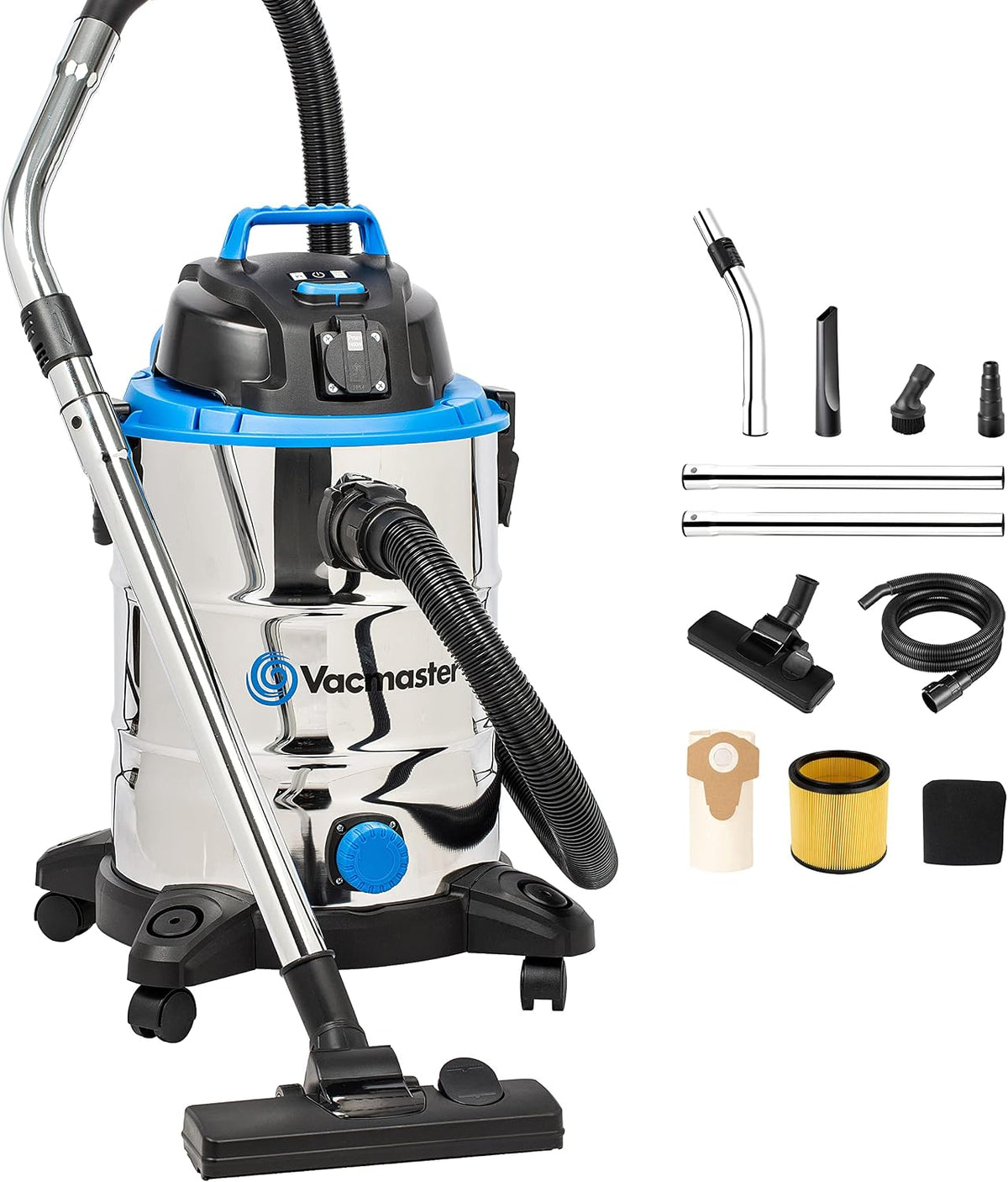 Nat- en droogzuiger Vacmaster VQ1530SFDC droogstofzuigers Industriële stofzuiger 1500W, zonder zak, met stopcontact, blaasfunctie, droog- en natzuigen