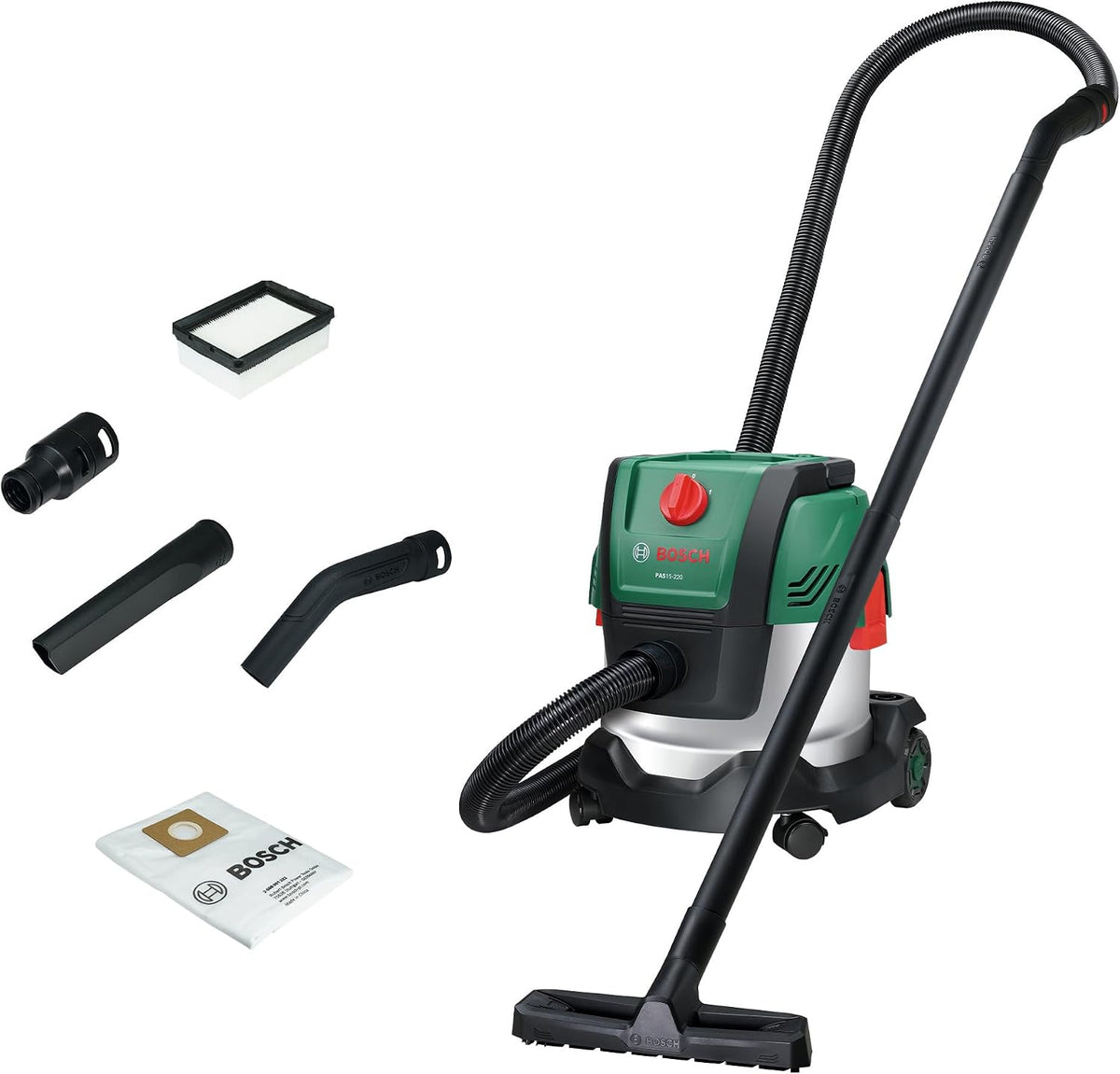 Bosch Nat- en droogzuiger Nat, En Droogzuiger PAS15-220, zuigslang 2,2 m, met snoer (verlengbuizen (kunststof), handgreep/gebogen buis, vlieszak (Uni)