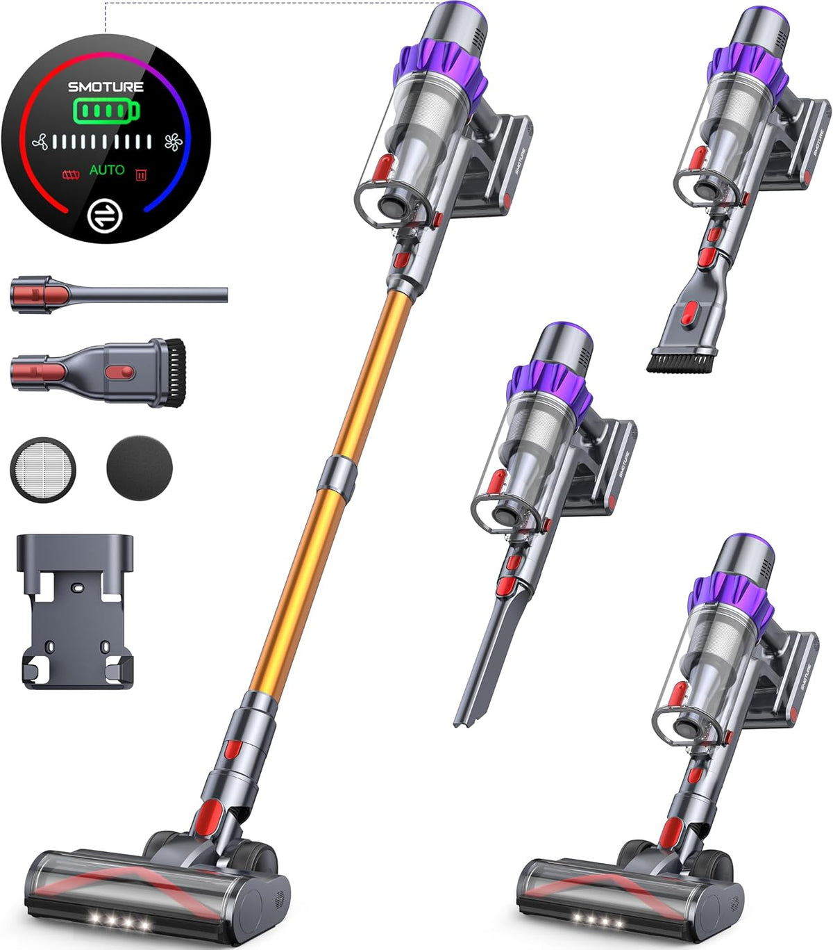 Smoture Steelstofzuiger VC80 Draadloze stofzuiger, 38000 Pa/450 W/55 minuten, en verticaal, automatische zuigmodus, intelligent lcd-touchscreen