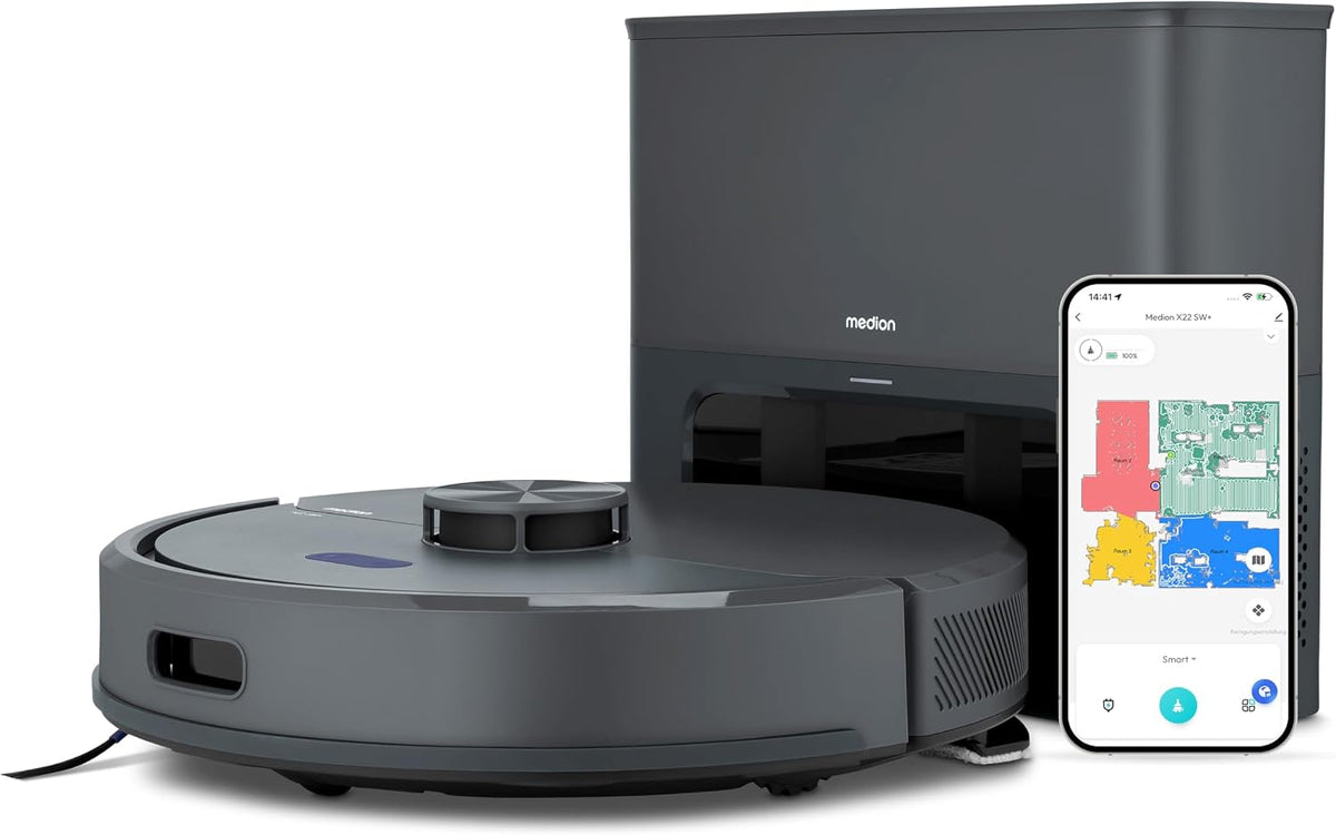 Medion Robotstofzuiger, MD 100021) blauw, met afzuigstation en dweilfunctie X22 SW+ (lasernavigatie, 5.000Pa, 2-in-1, nauwkeurige mapping, no-go zones