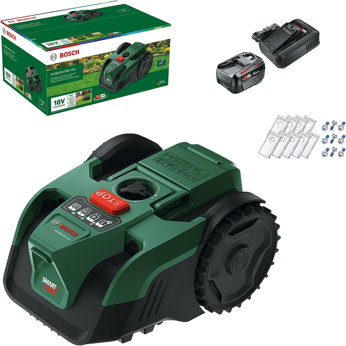 Robotmaaier Bosch accurobotmaaier VISIMOW18V-100 (voor gazons tot 100 m2, maaibreedte: 16 cm, maaihoogte: 20-60 mm, met reservemessen