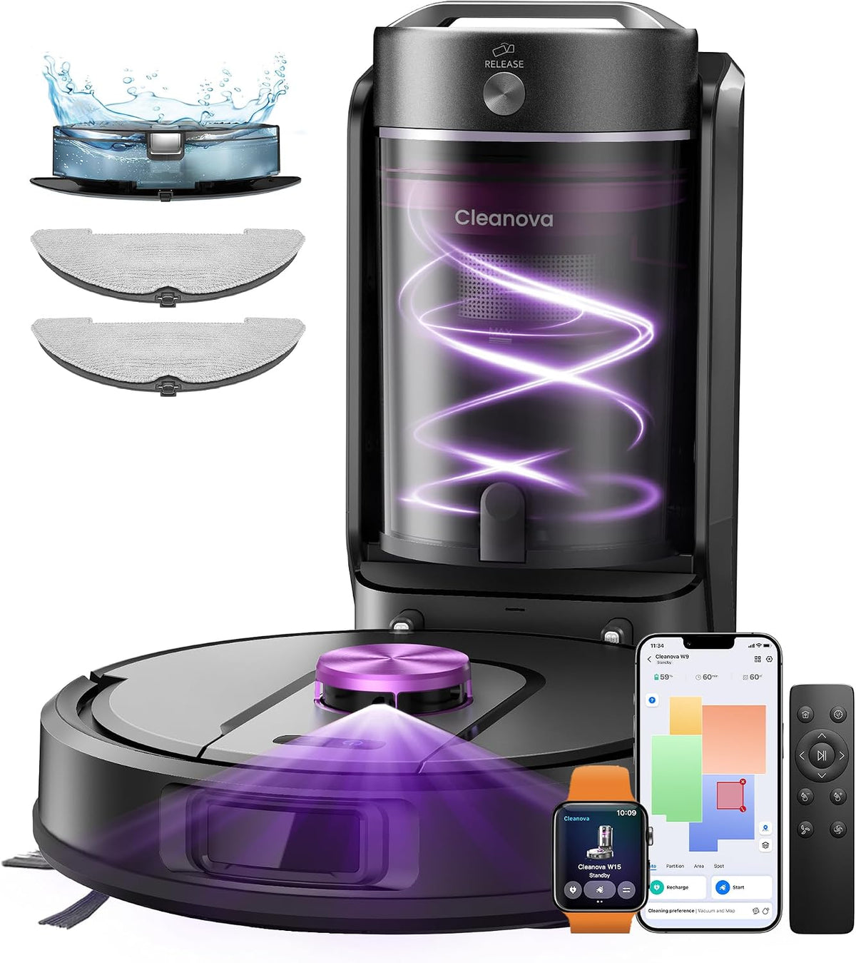 Vexilar Robotstofzuiger W15, 10000 Pa, 3-in-1 zuig- en dweilrobot, 180 minuten Max, app- en spraakbesturing, met dweilfunctie, stofzuigerrobot
