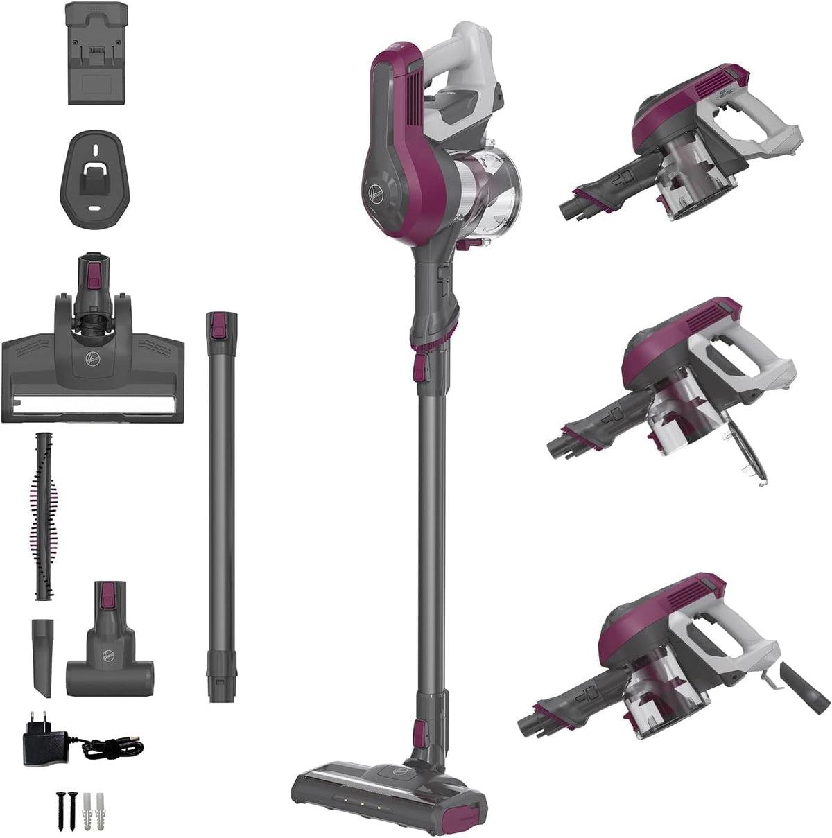 Hoover Steelstofzuiger Accustofzuiger, tot 120 m2, met 1 acculading, met spleetmondstuk en stofborstel [HF110P], zonder zak + dierenmondstuk, met led