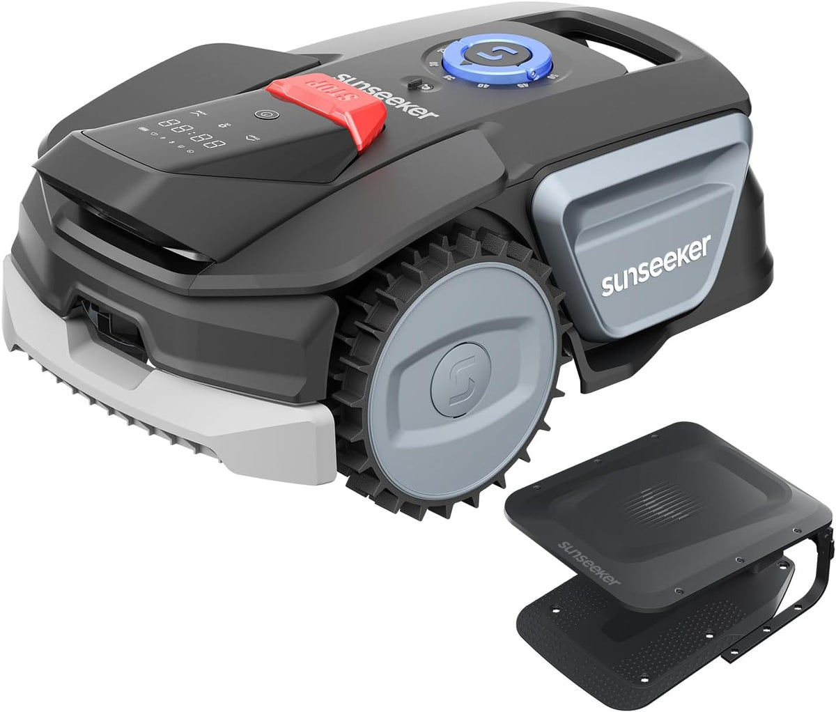 Robotmaaier Sunseeker V1 + garage, 300 m2, zonder begrenzingskabel, voor kleine tuinen, Vision AI intelligente navigatie, met één klik maaien