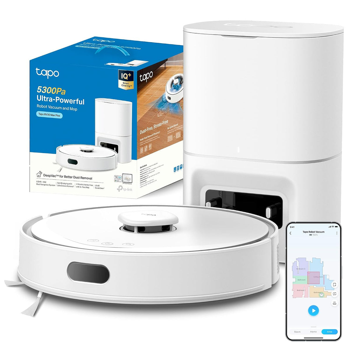 Tapo Robotstofzuiger RV30 Max Plus wit en vloerwisser, zelfreinigende