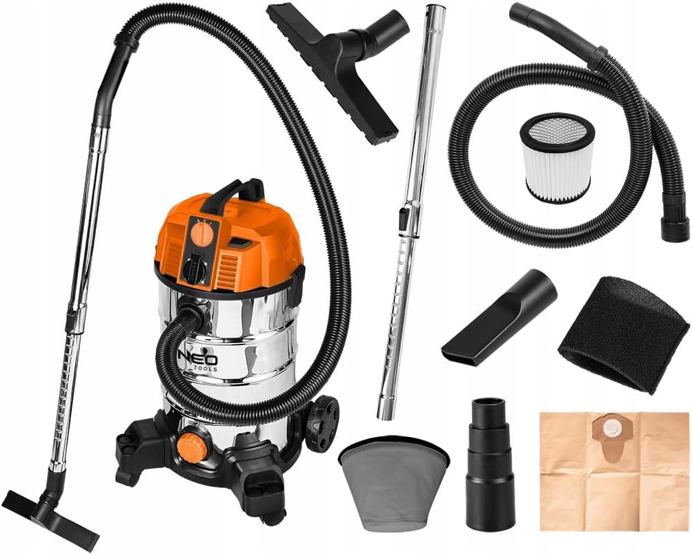 NEO Tools Nat- en droogzuiger 1600W, RVS reservoir: 35L - 35mm slangsysteem, Extra stopcontact max. 1800W, Netsnoer 4m, Ventilatorfunctie, Stofzuiger