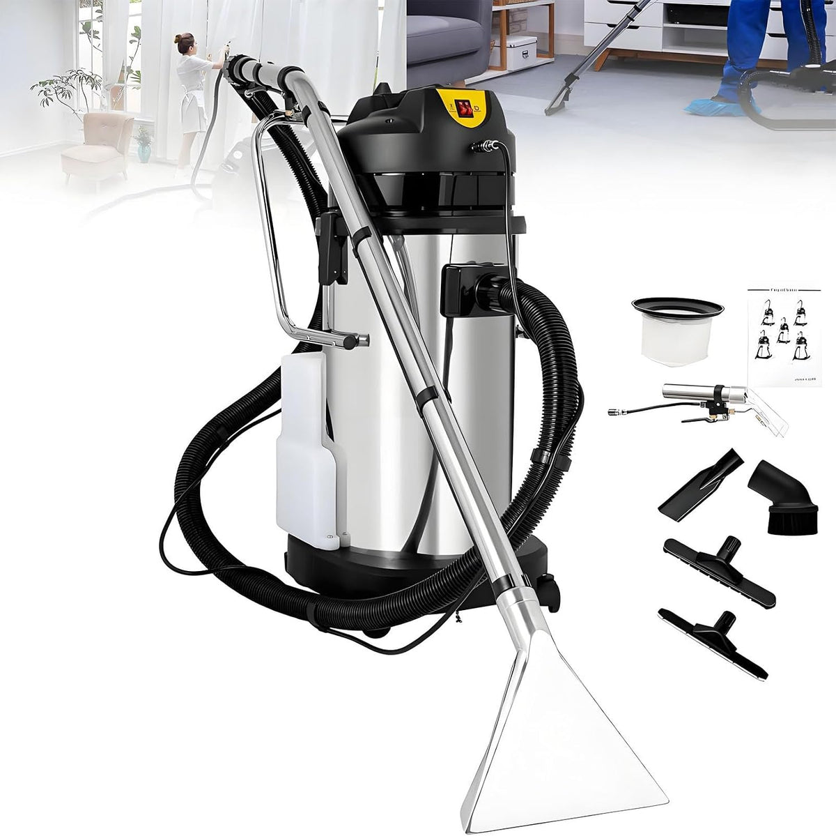Boozxcv Nat/droogstofzuiger Commerciële tapijtreinigingsmachine, 1034W 230mbar zuigkracht, roestvrijstalen behuizing (30L), nat-drogende stofzuiger