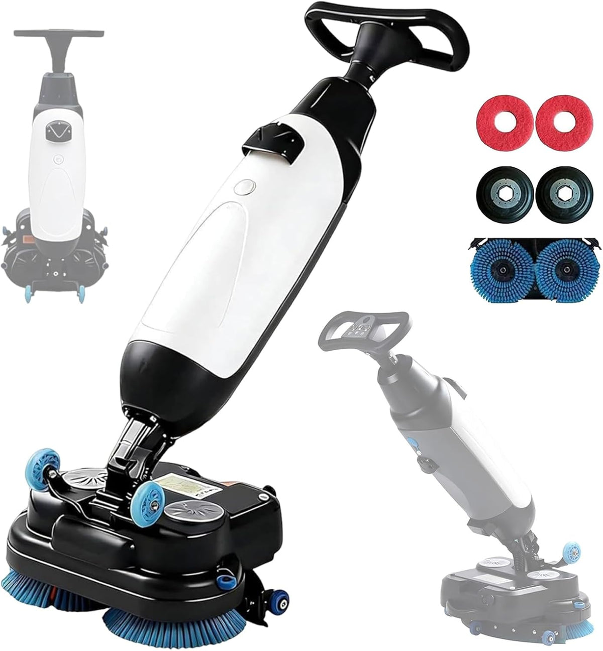 Vloerreinigingsmachine Commerciële vloerschrobmachine, 360 ° roterende dubbele borstels, 17 inch reinigingsbreedte, geschikt, draadloze accuvoeding