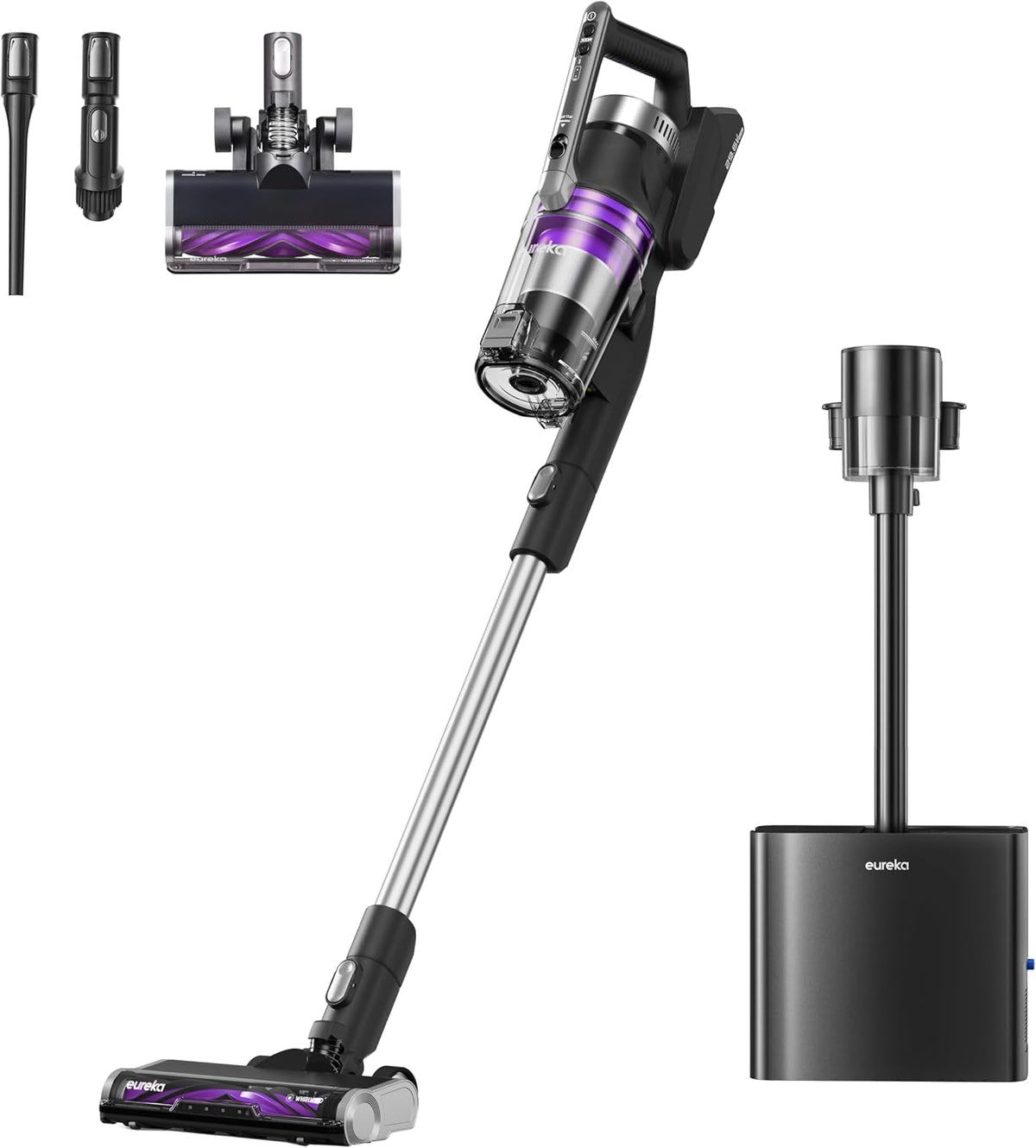 Steelstofzuiger Eureka Stylus Elite Stofzuiger, 24000Pa Zuigkracht, 3L Stofzak Capaciteit, 60 Minuten Werktijd, met station, Automatische Stoflediging