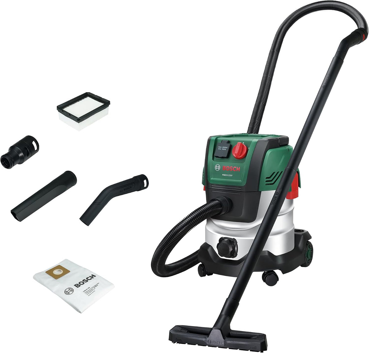 Bosch Nat- en droogzuiger Nat, En Droogzuiger PAS20-220P (verlengbuizen (kunststof), zuigslang 2,2 m, handgreep/gebogen buis, vlieszak (Uni)