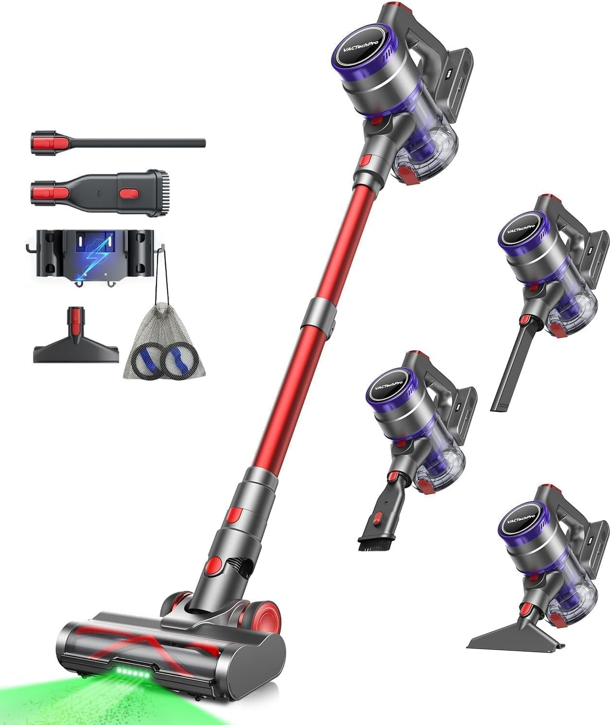 VACTechPro Steelstofzuiger F02 Ultra Draadloze stofzuiger, 600 W/55 kPa, 1,6 l stofreservoir, 8-laagse filtratie, 70 minuten batterijduur