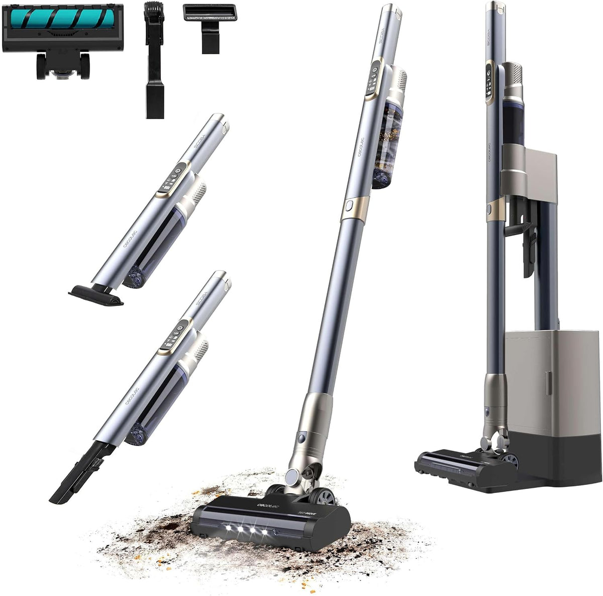 Cecotec Steelstofzuiger Scoba 2100 Station Draadloze stofzuiger, 210 W, gebruiksduur 40 min, zuigdruk 20 kPa, 2 modi, accessoires 2-in-1