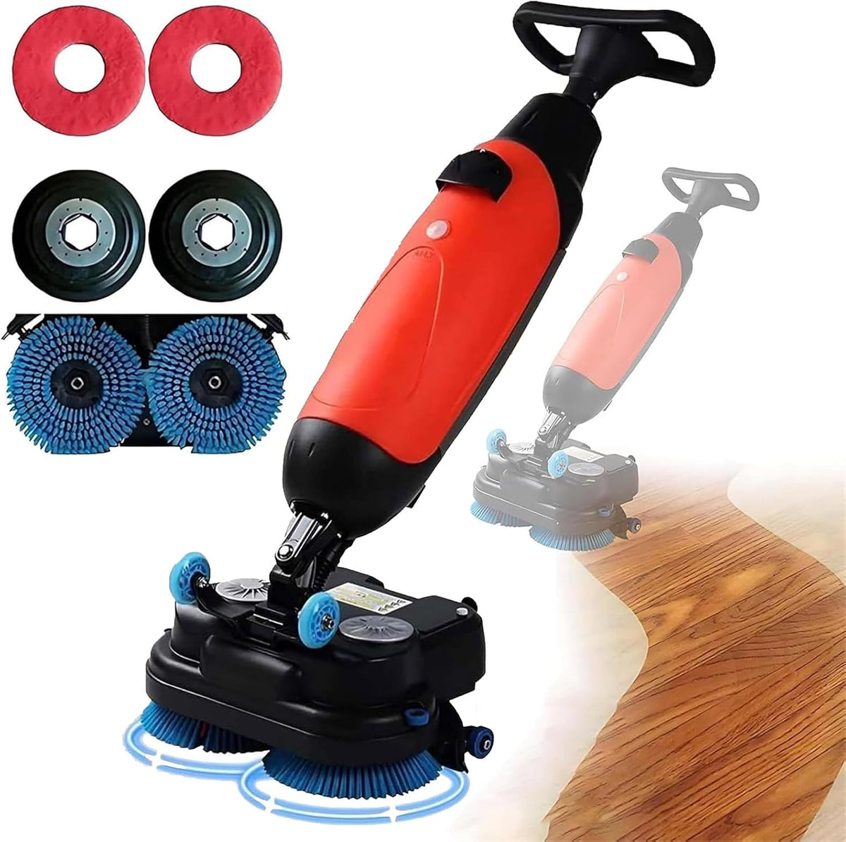 Vloerreinigingsmachine 17 inch commerciële vloerschrobmachine, 43 cm reinigingsbreedte, 360 ° roterende dubbele borstels, voor hout, tegels, terrazzo
