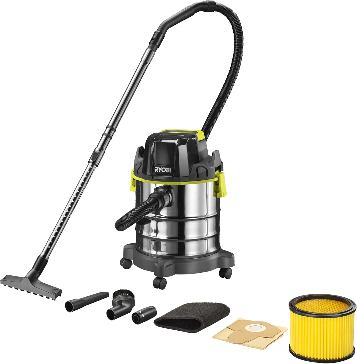 Ryobi Nat- en droogzuiger, RVS tank - 18L (zonder accu en oplader), R18WDV-0, Ryobi snoerloze nat- en droogzuiger