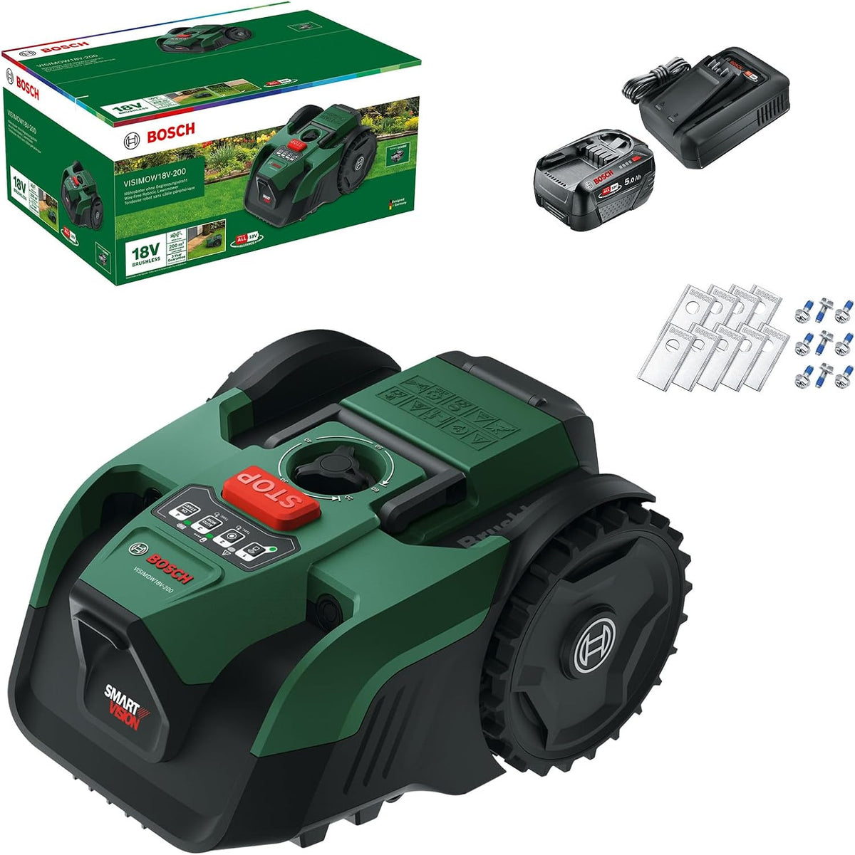Bosch Robotmaaier accurobotmaaier VISIMOW18V-200 (voor gazons tot 200 m2, maaibreedte:18 cm, maaihoogte: 20-60 mm, met reservemessen